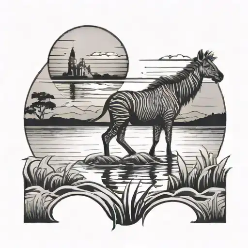 Savannah With Water And Sun In The Background