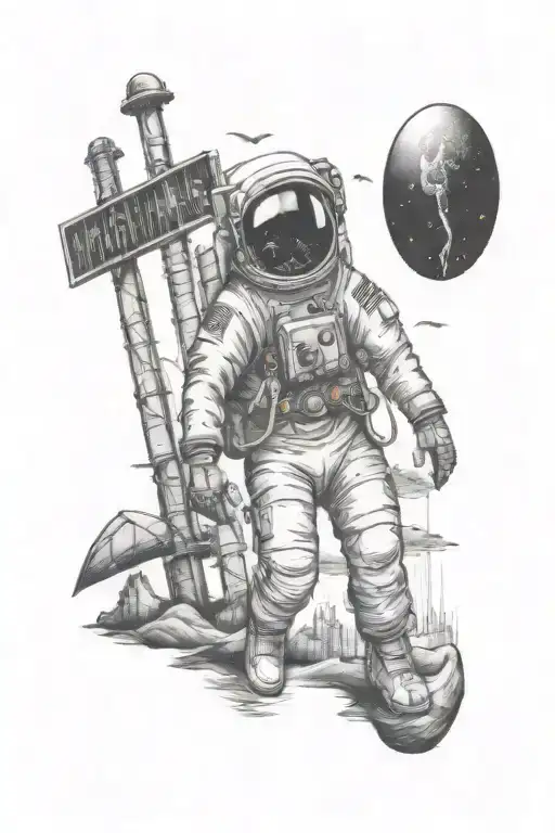 Astronaut Facing A City Skyline Walking From A Beach