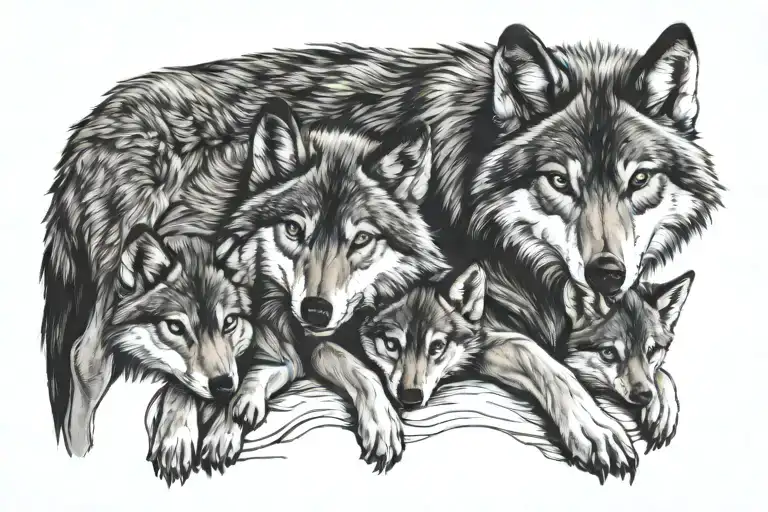 Momma Wolf With 3 Pups