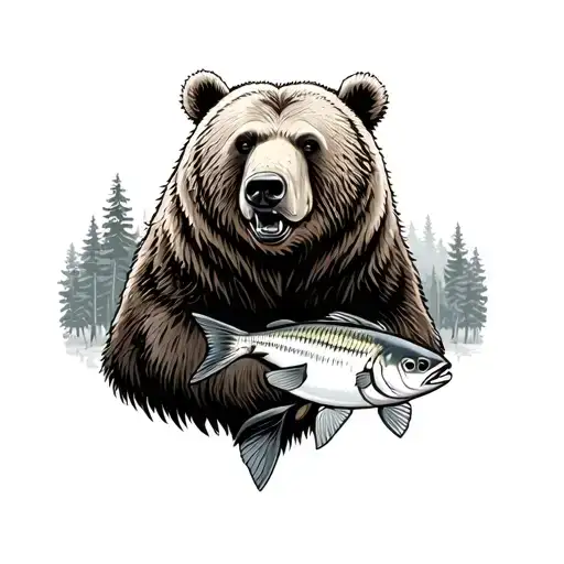 Grizzly Bear With Fish In Mouth And Forest In Background