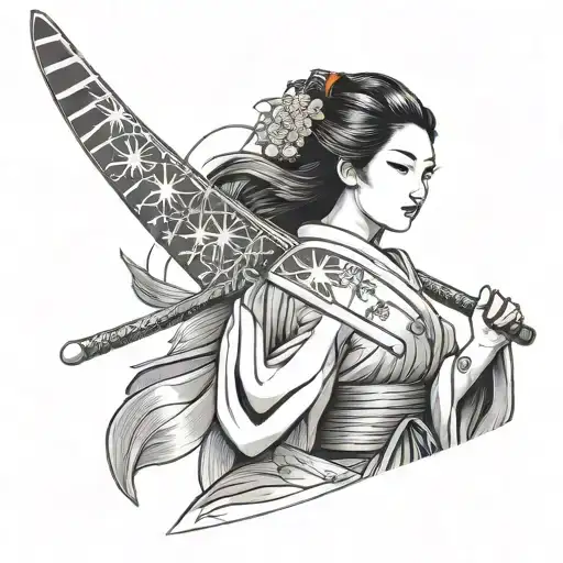 Geisha Holding A Katana American Flag Japanese Flag