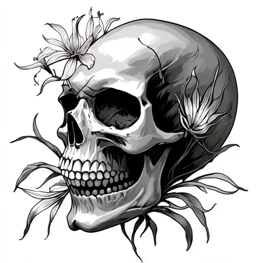 A Skull Beside A Lycoris Radiata