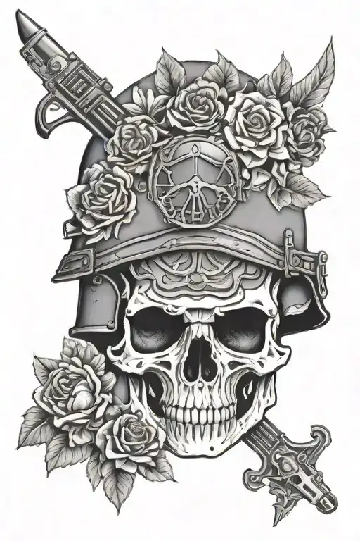 Military Helmet On A Skull Surrounded By A Mountain And Flowers