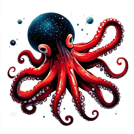 Red Octopus Space And Ocean Scene