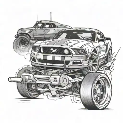 Create A Black-grey Tattoo Featuring A Ford Mustang Racing Through A Shooting Sports Scene