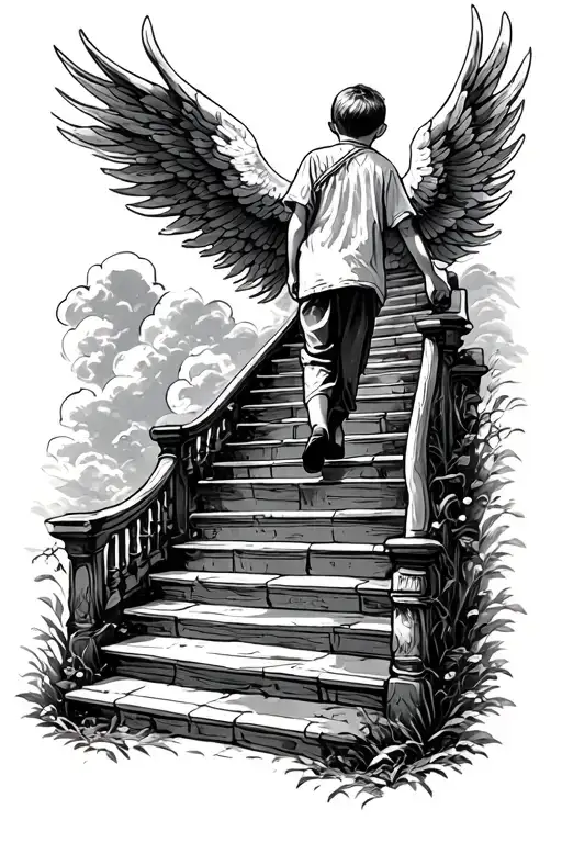 Little Boy Walking Up Stairway To Heaven