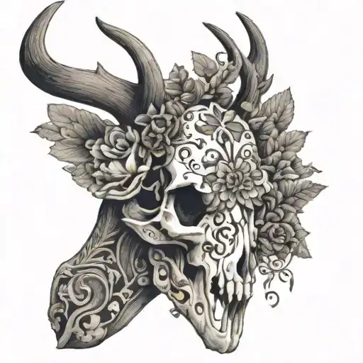 A Taxidermy Deer Skull Adorned With Intricate Floral Patterns