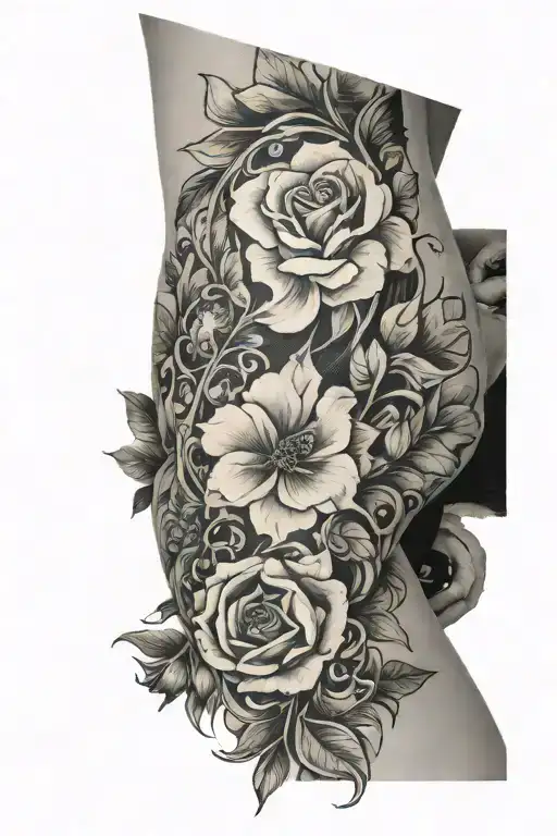 Floral Black And White Down Side Of Torso On Female