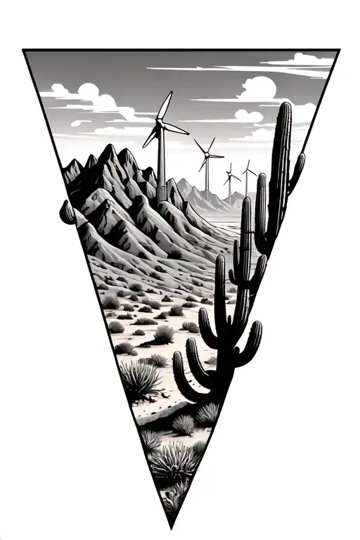 3 Sperate Triangles Put Images Of Desert Mountains With Many Windmills On The Mountains And Cactus