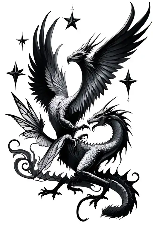 Phoenix And Dragon And Fairy With Stars Mystical Scene