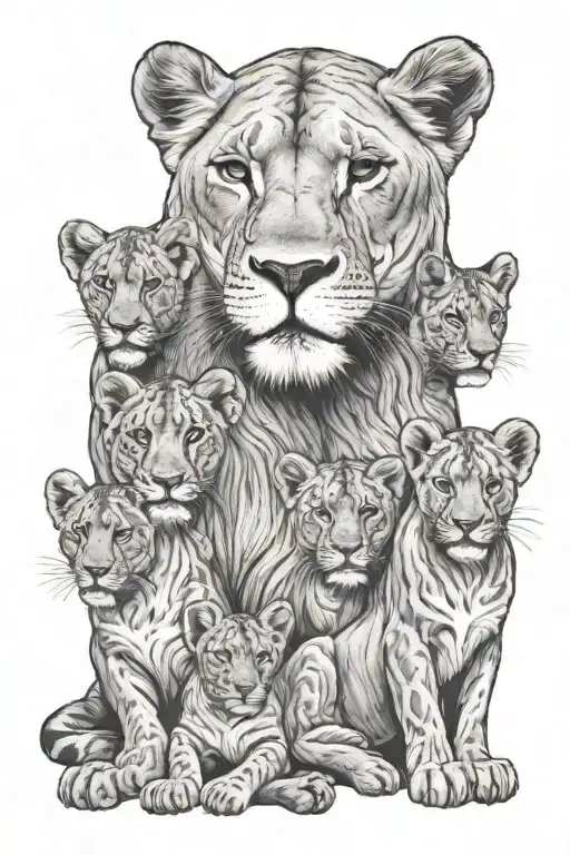 Mom Lioness Protecting Her Four Cubs