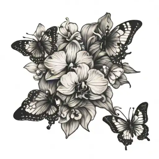 Orchid And Two Butterflies Flying