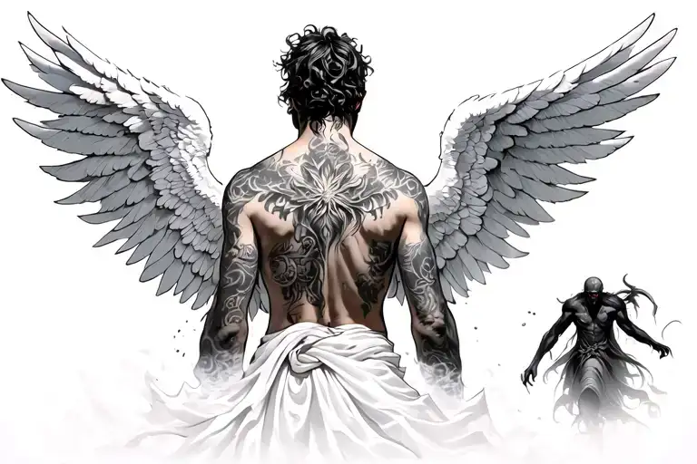 Back Facing Angel With Wings Out His Back And Demons Approaching In The Near Distance