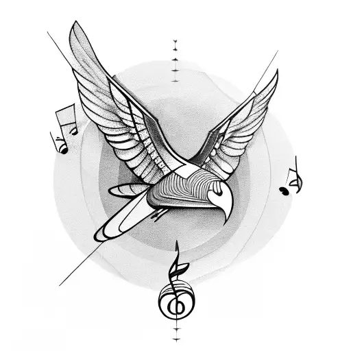 A Geometric Design Of A Bird In Flight With Music Notes Forming Its Wings