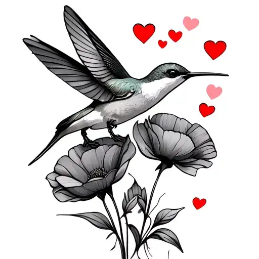 Fineline Minialist Hummingbird With Hearts Drinking From Poppy Flowers
