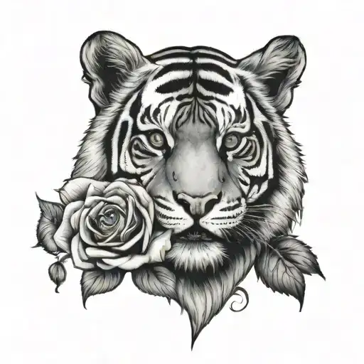 Half Tiger Face With A Rose Intertwined