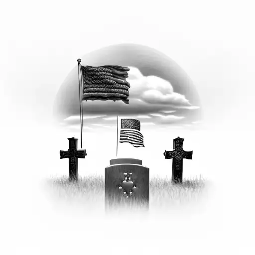 Two Headstones On A Hill With Dog Tags Hanging Off And A Sky View Of The American Flag