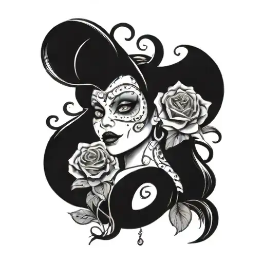 Medusa Beside A Sugar Skull With Roses And Maleficent In A Bed Of Flowers
