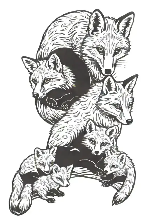 Protective Mama Fox With Four Baby Cubs