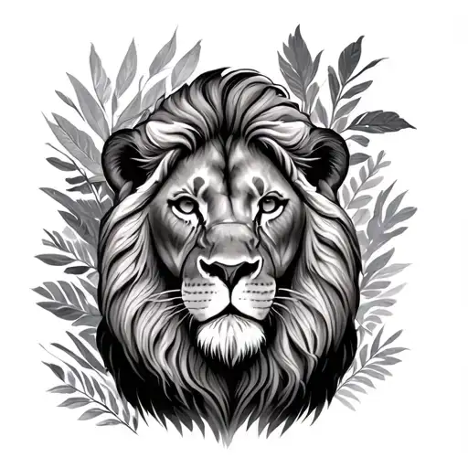 Realistic Lion From The Front With Lorier Plant