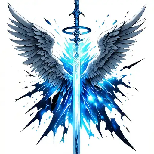 Blue Galaxy With Angel Wings And Shattered Halo Energy Sword