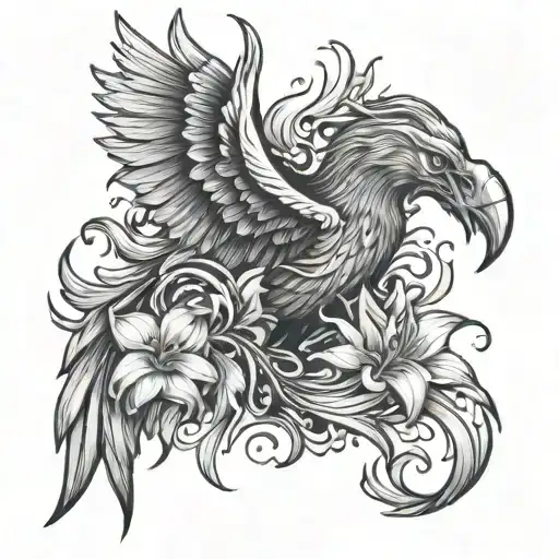 Phoenix Rising From The Ashes Biting A Lily