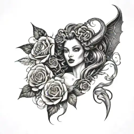Medusa And Maleficent Back Tattoo Featuring Roses Blooming