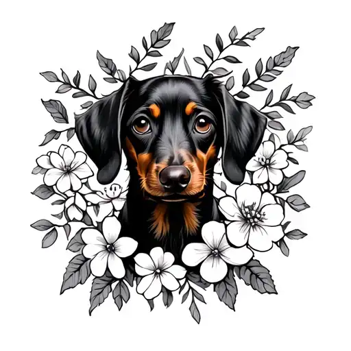 Flowers And Wiener Dog Face Behind Brambles