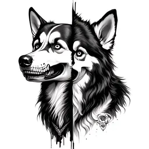 La Santa Muerte With A Husky That Is Half Alive And Half Dead