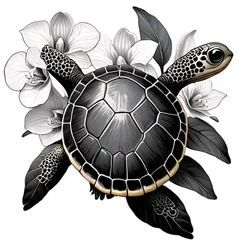 Turtle Swimming In Orchids