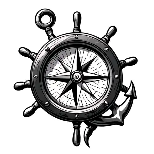 Nautical Compass With Points Inside Of A Steering Wheel Laying And An Anchor