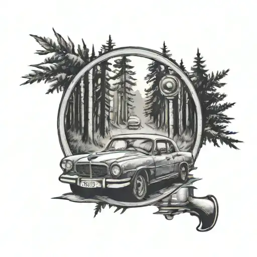 Vintage Car Driving Through A Forest With A Camera Hanging From The Rearview Mirror