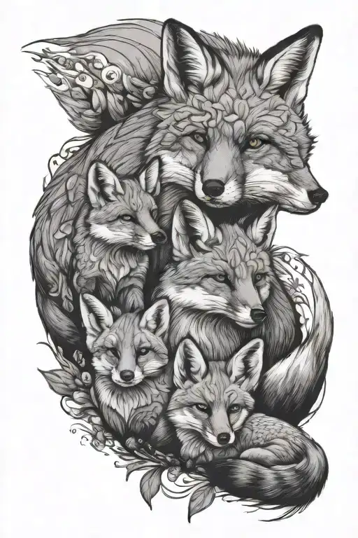 Beautiful Mama Fox With Four Baby Cubs