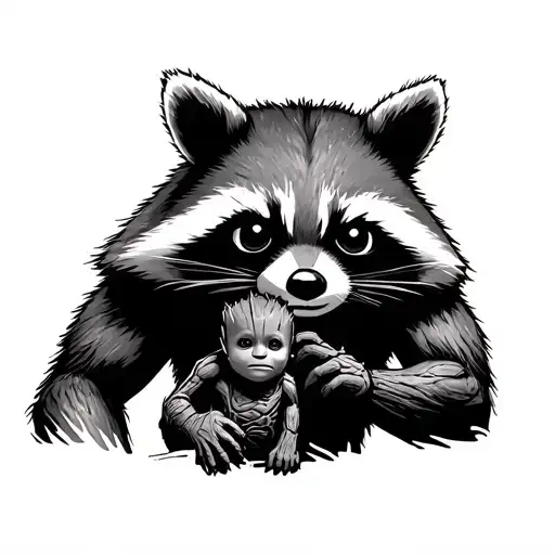 Minimalist Bicep Rocket Raccoon With Baby Groot