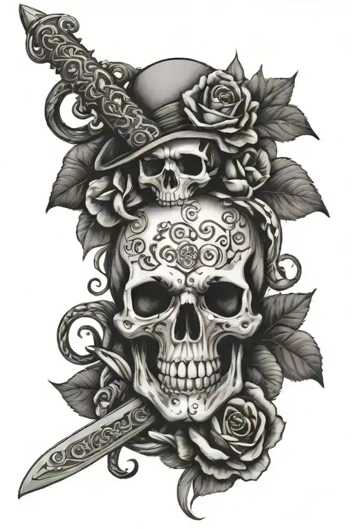 Skull With Sword Piercing And Snake Coiled With Flowers