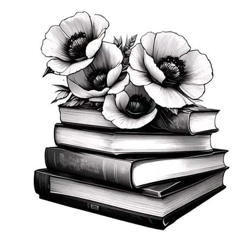 Black And Grey Book Stack With Poppies On Top
