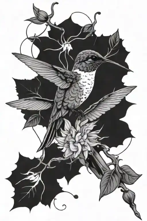 Hummingbird With Basic Leaves On Stem Realism Blackwork