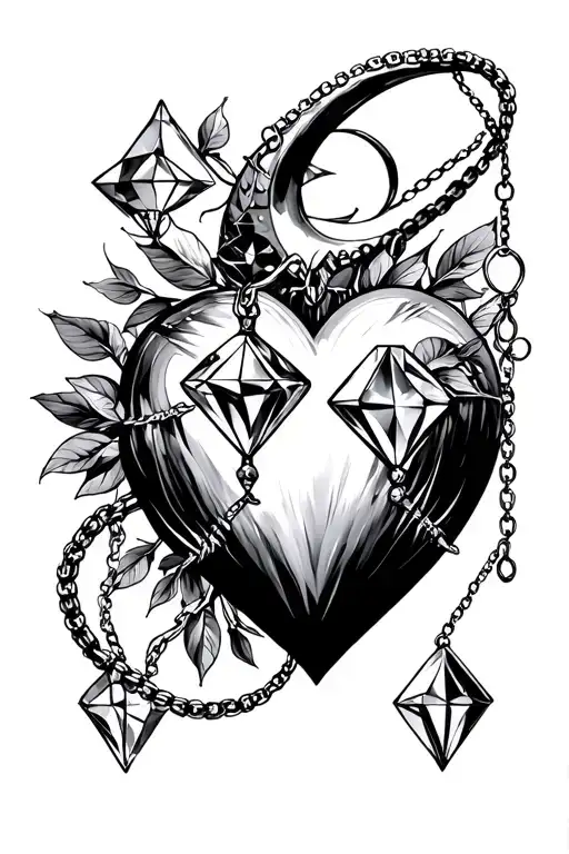 Fineline Black And White Heart Diamond With A Moon And A Necklace Chain In Long As Sternum