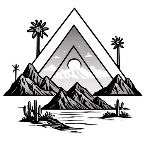 Palm Springs Mountains With Windmills And Cactus And 3 Triangles Staggered