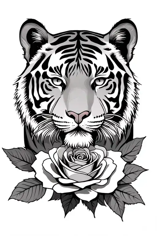 Tiger With Rose Traditional Style