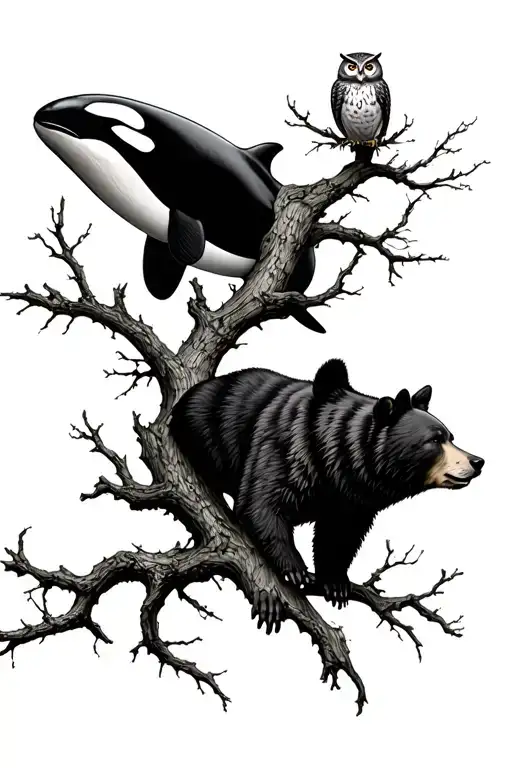 Bear And Owl In Tree With Orca Jumping