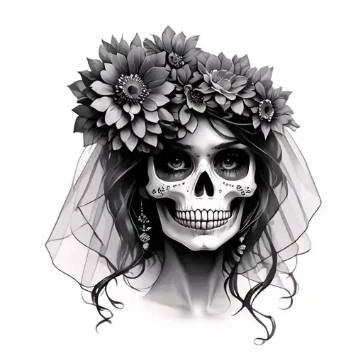 Lady Face Skull With Veil Of Flower