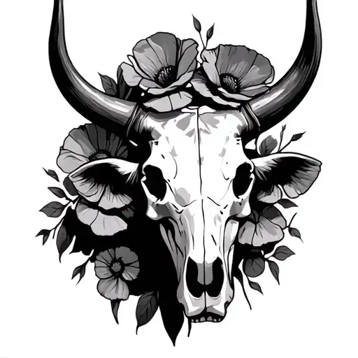 Cow Skull With Poppies On Its Horns
