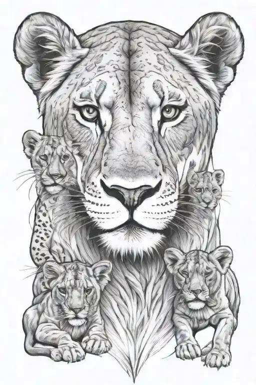 Beautiful Lioness With Four Cubs