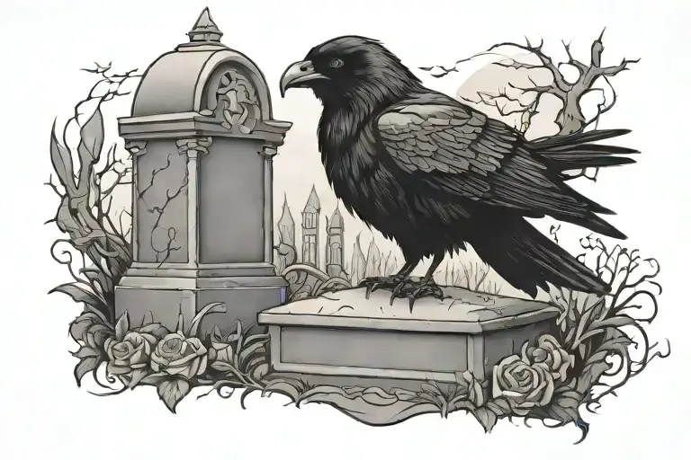 Graveyard With Raven Perched On A Tombstone