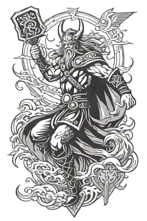 God Of Thunder Above Stormy Sea With Nordic Symbols