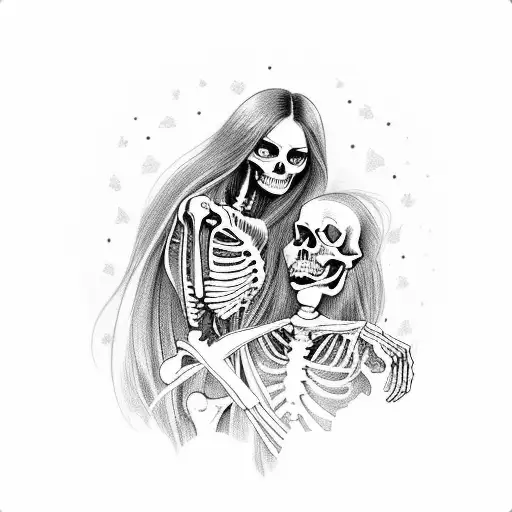 A Tattoo Of A Skeleton Embracing A Long-haired Brunette Girl In A Whimsical And Romantic Pose