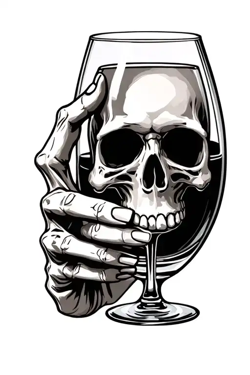 Skeleton Hand Holding Stemless Wine Glass With Skull Head Inside The Wine