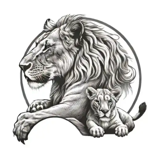 Lioness With Her Two Cubs Full Moon