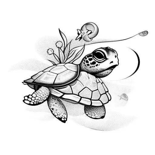 Turtle With Flowers And Waves